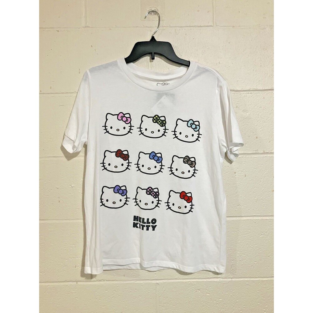 Hello Kitty Sanrio Cute 9 Kitty Short Sleeve T-Shirt White  Size : L